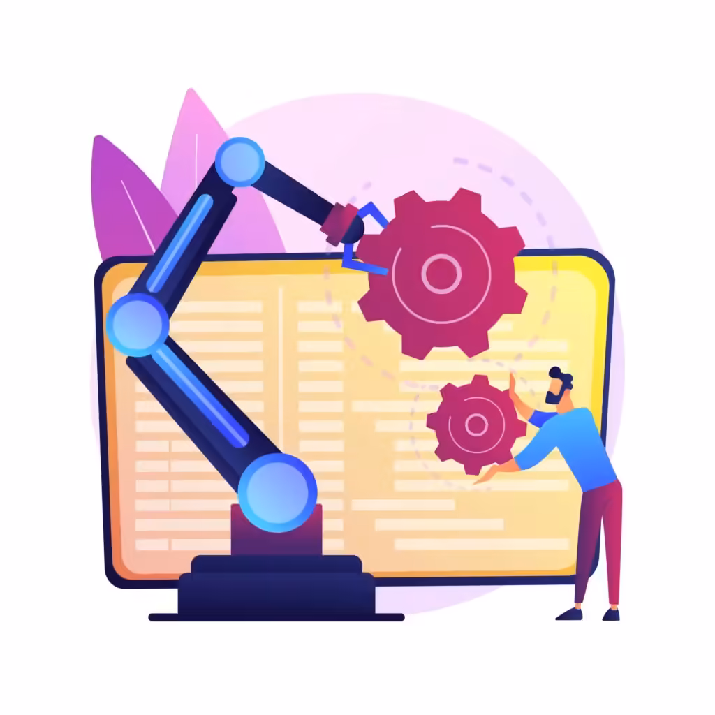 Ilustracja ramienia robota obracającego koło zębate nad monitorem z kodem, obok mały człowiek trzymający mniejsze koło zębate, symbolizująca automatyzację i rozwój technologii.