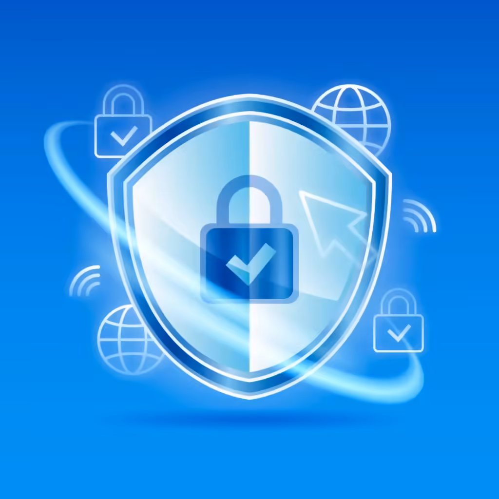 Une icône graphique représentant un bouclier et un cadenas sur fond bleu, entourés de symboles de globe terrestre, de Wi-Fi et de curseur, symbolisant la sécurité internet.