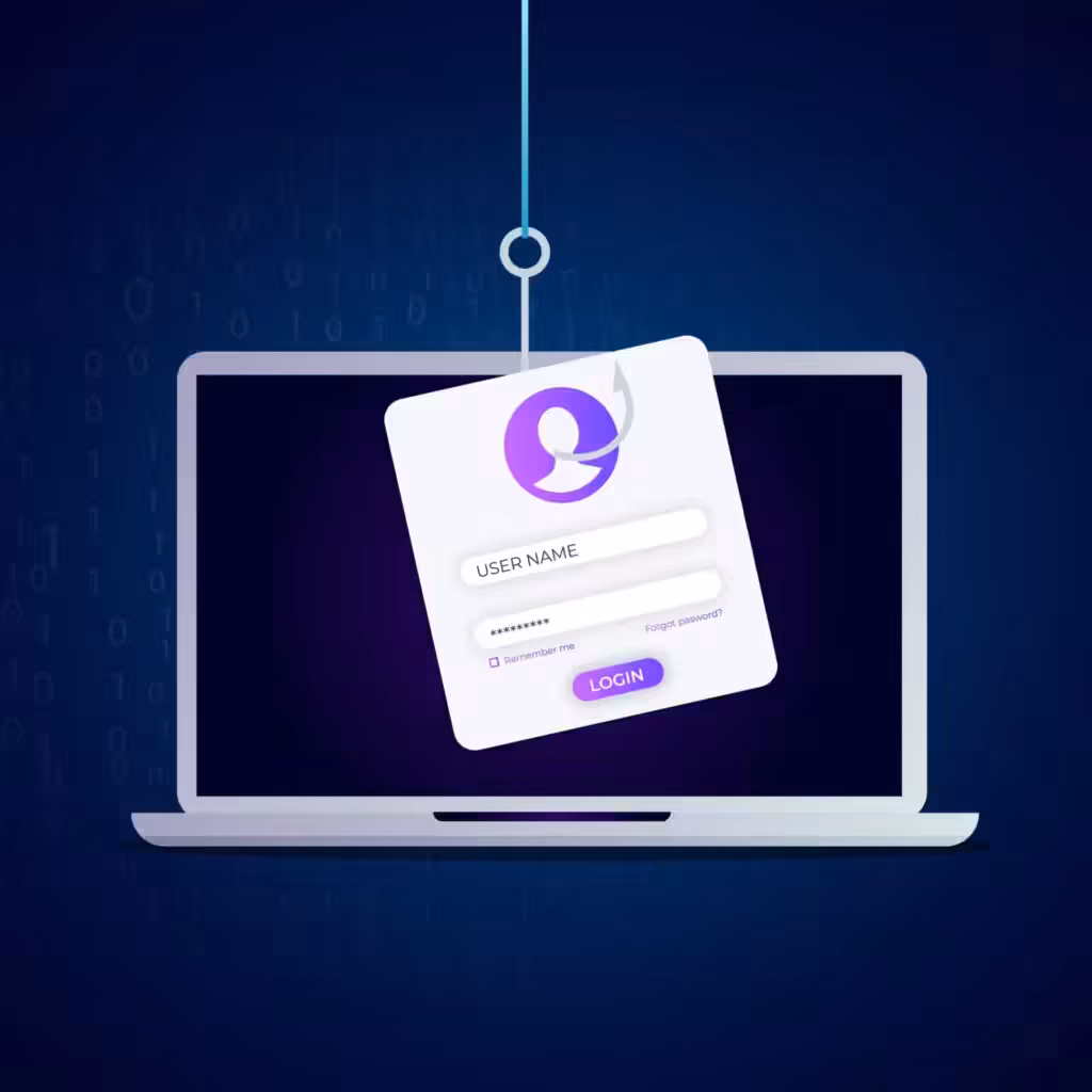 Un écran de connexion avec des champs nom d'utilisateur et mot de passe suspendu à un crochet au-dessus d'un ordinateur portable, symbolisant la menace du phishing et de la cybersécurité.
