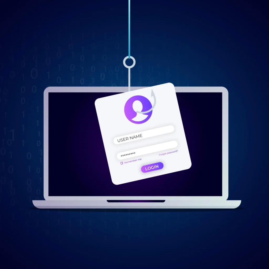 Ekran logowania z polami na nazwę użytkownika i hasło, wiszący na haczyku nad laptopem, symbolizujący zagrożenie phishingiem i cyberbezpieczeństwem
