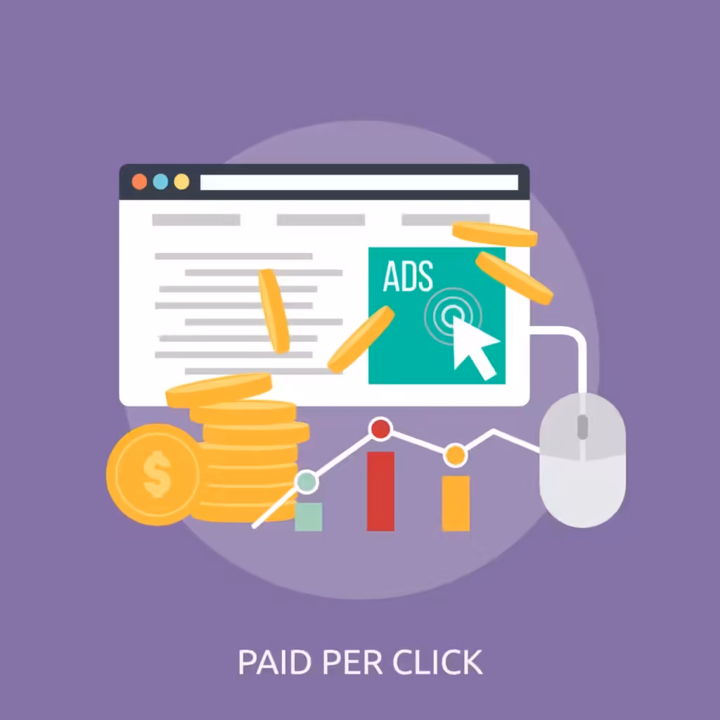 Ilustracja przedstawiająca ekran przeglądarki z reklamą "ADS" i kursorem klikającym, obok stosy monet, wykres i myszka, symbolizująca reklamy Paid Per Click (PPC).