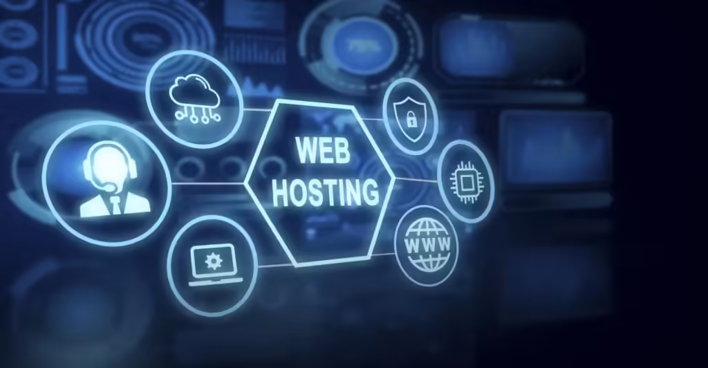 Holograficzny schemat z napisem "WEB HOSTING" w centrum, otoczony ikonami chmury, wsparcia technicznego, laptopa, tarczy bezpieczeństwa i globu WWW, symbolizujący usługi hostingowe.










