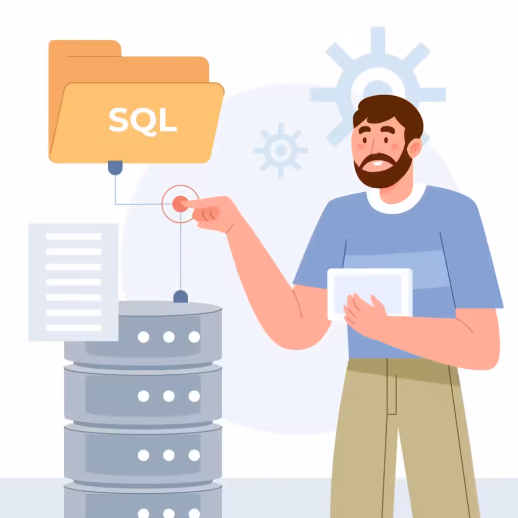 Illustration d'un homme pointant du doigt un dossier " SQL " connecté à des bases de données, symbolisant la gestion des données et les systèmes de bases de données.