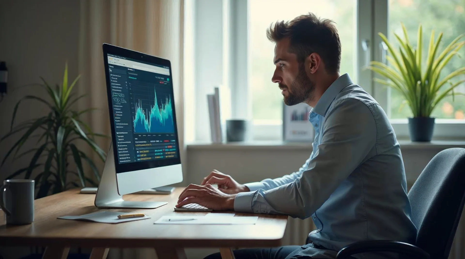 Osoba analizuje wyniki kampanii Google Ads na laptopie w biurze