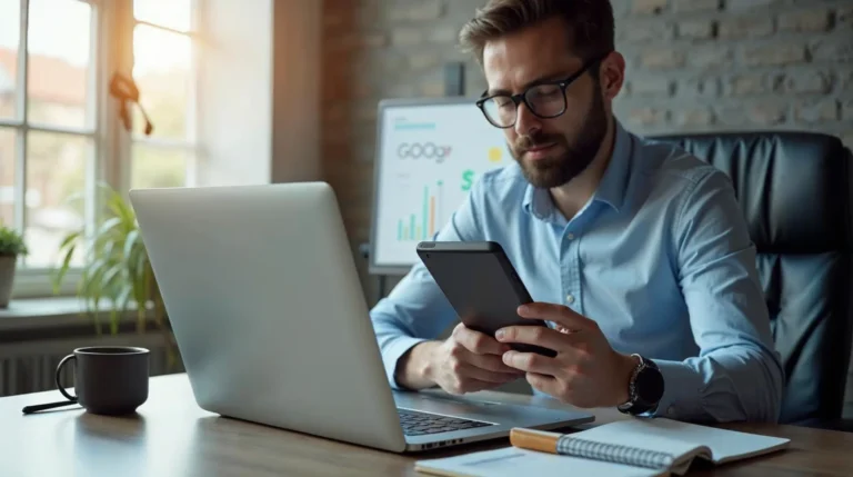 Pracownik agencji analizuje na laptopie stronę www i profil firmy w Google przy biurku