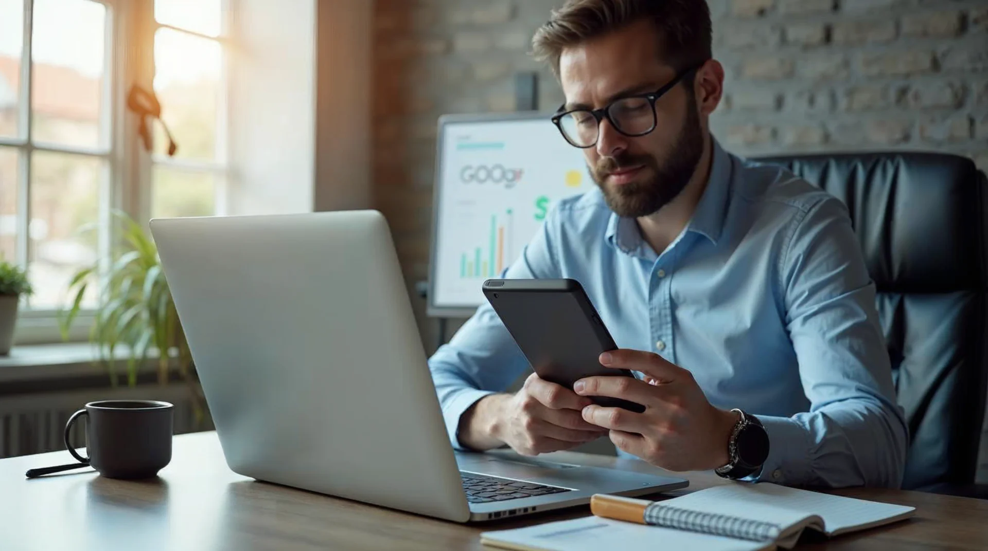 Pracownik agencji analizuje na laptopie stronę www i profil firmy w Google przy biurku