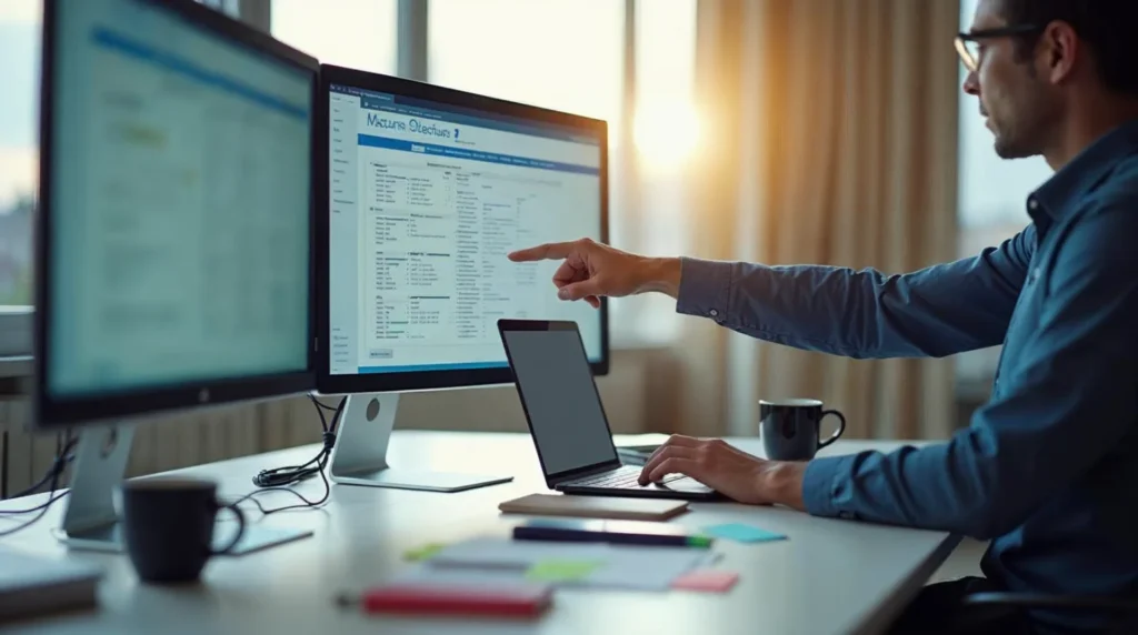 Specjalista pokazuje strukturę strony na laptopie w biurze, obok leżą notatki i monitor