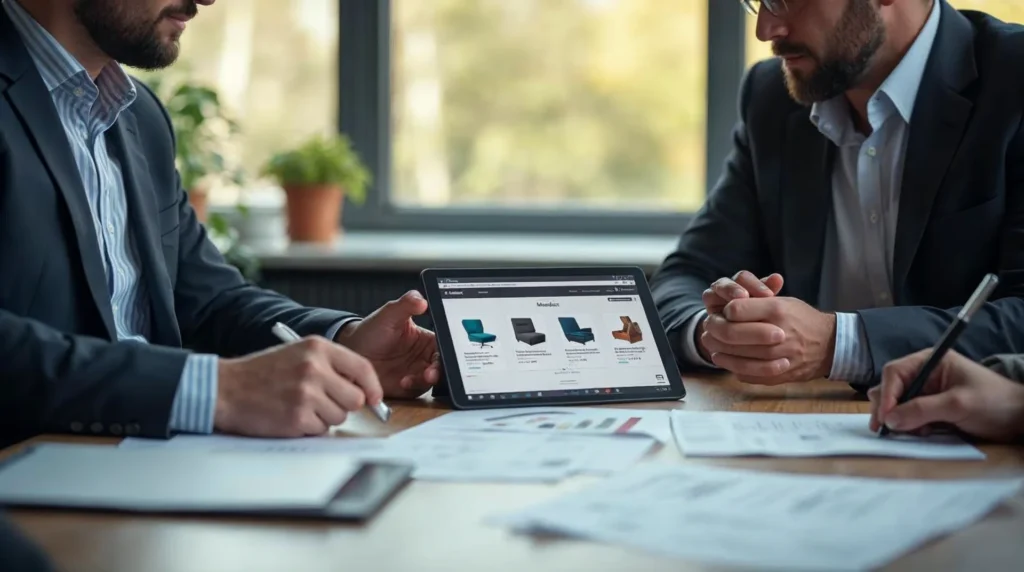 Klient B2B i strateg analizują prototyp sklepu oraz dokumentację produktów przy stole