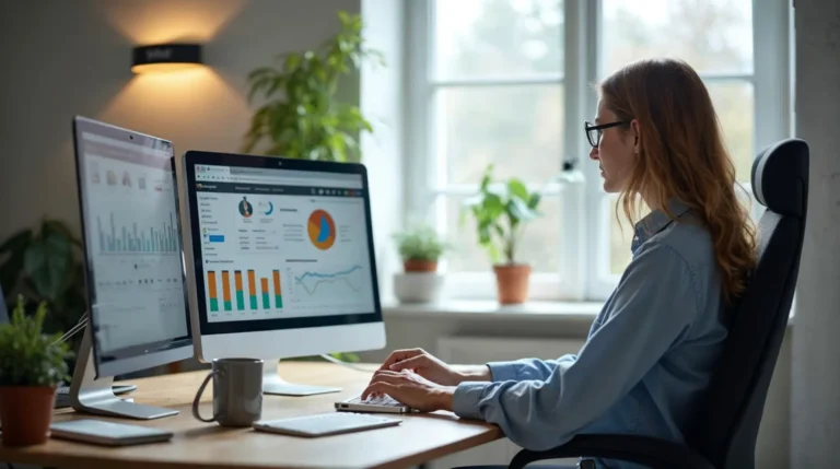 Marketingowiec analizuje dane kampanii na laptopie w jasnym biurze