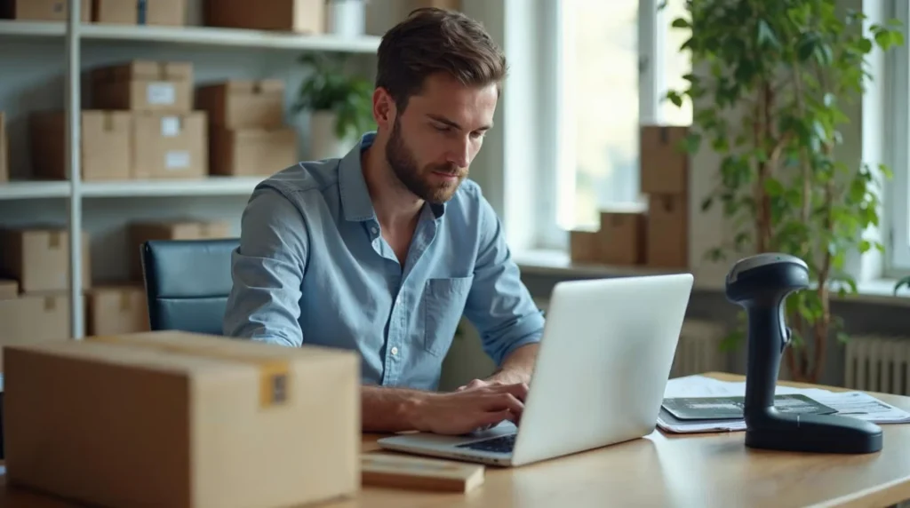 Menedżer e-commerce sprawdza zamówienia przy biurku z paczkami