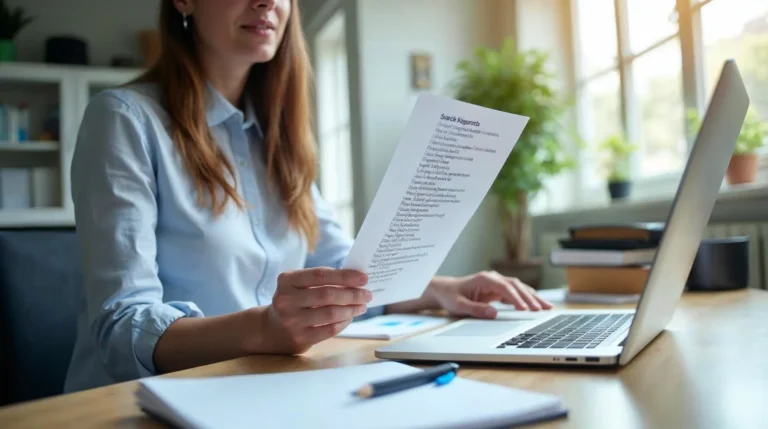 Osoba analizuje listę fraz kluczowych przy laptopie i notatkach w biurze