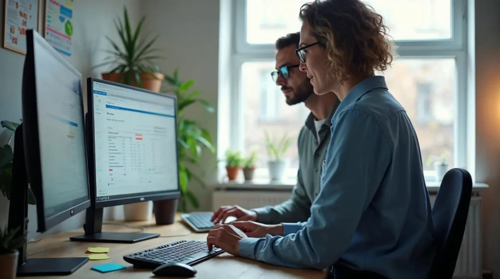 Programista i marketer sprawdzają na monitorze ustawienia strony oraz pomiar danych