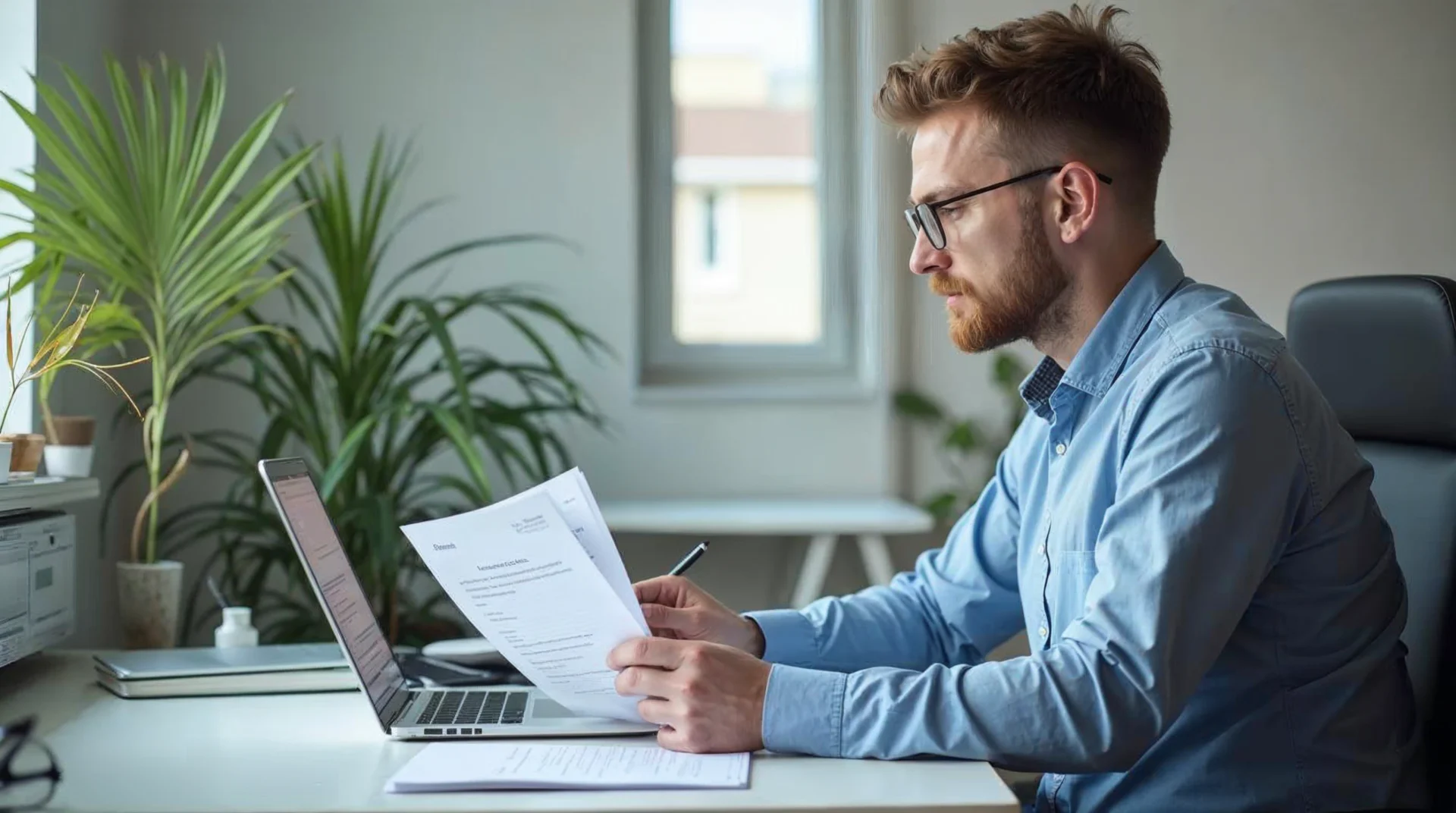 Specjalista analizuje formularz kontaktowy na laptopie przy biurku w jasnym biurze