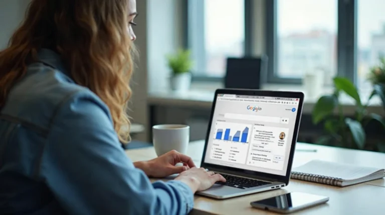 Specjalista analizuje panel Google Ads na laptopie w biurze