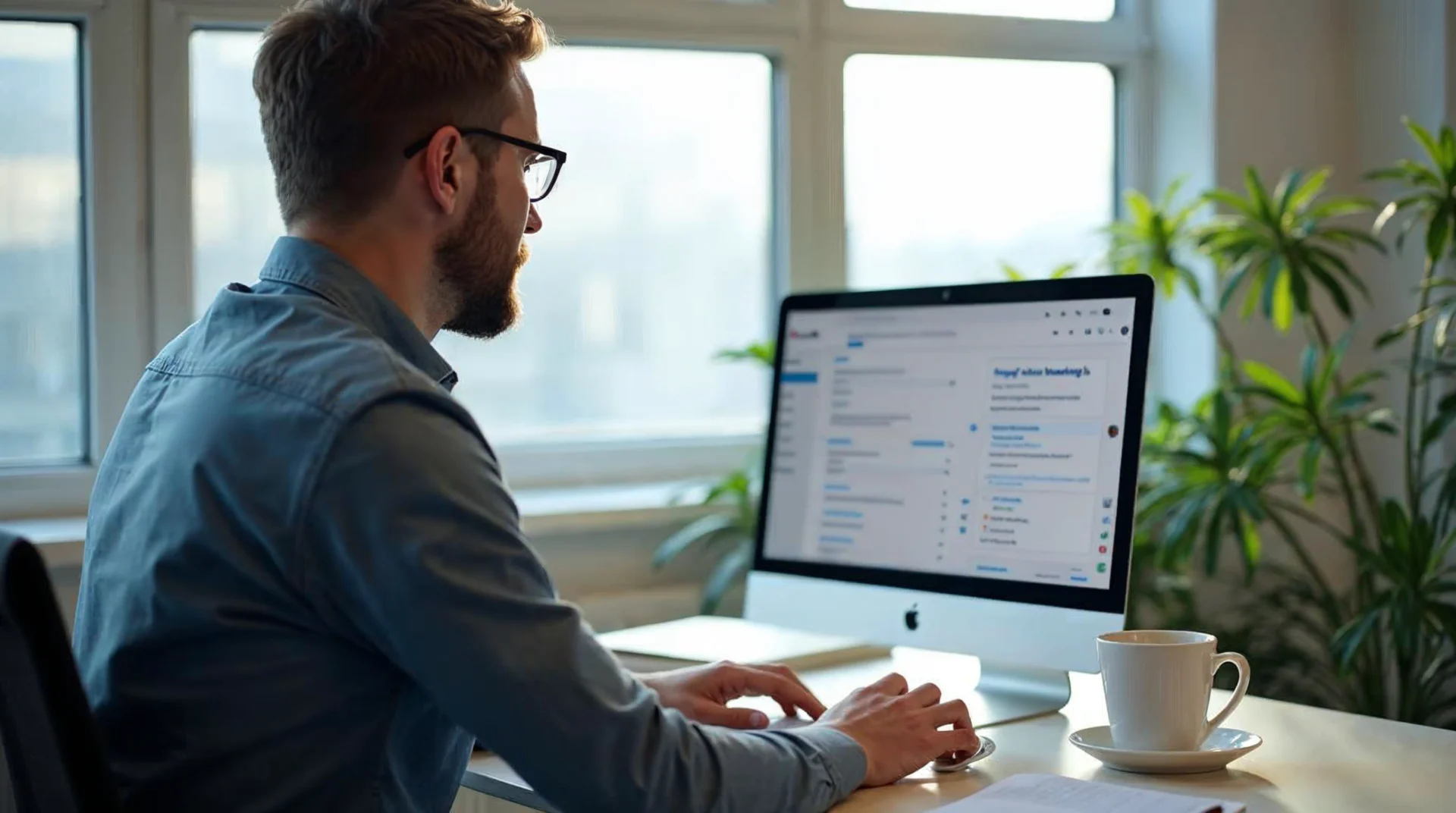 Specjalista analizuje ustawienia kampanii Google Ads na laptopie w biurze