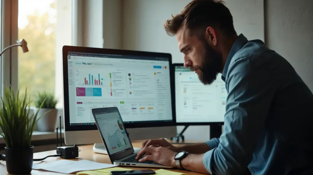 Specjalista i web developer analizują strukturę strony przy laptopie w biurze