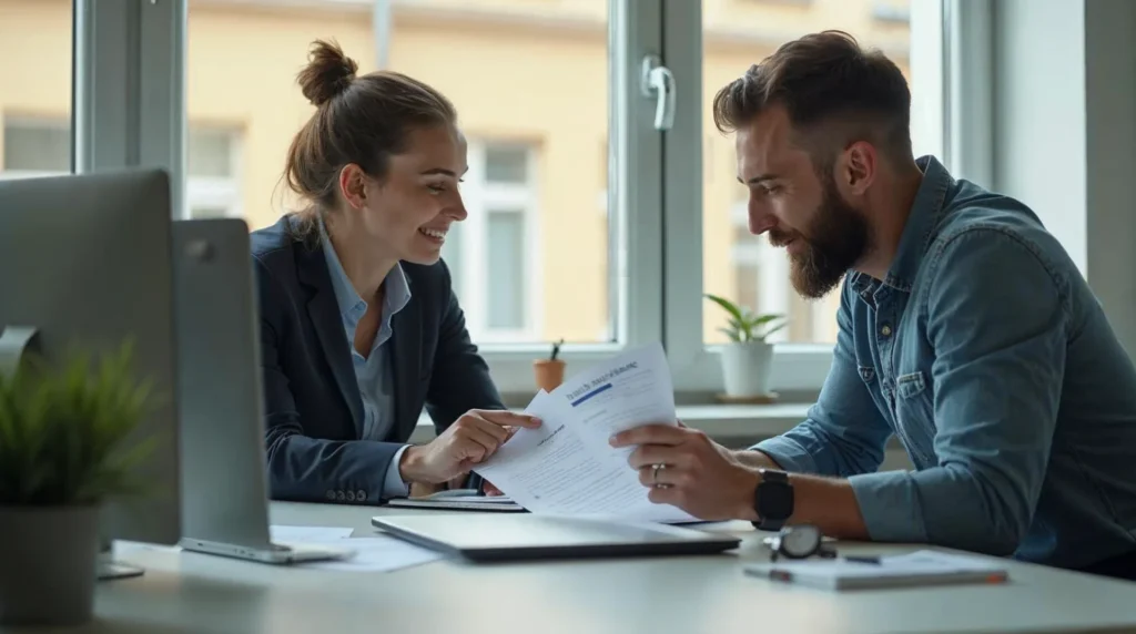 Specjalista i właściciel firmy omawiają koszty wdrożenia analityki przy laptopie