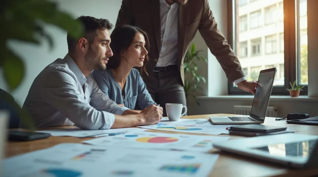 Specjalista marketingu i strateg widzą plan sklepu oraz mapę fraz