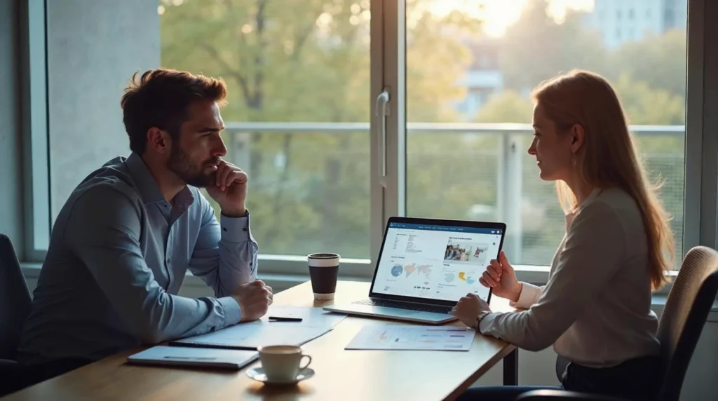 UX designer i manager analizują mapę kategorii sklepu przy laptopie i notatkach