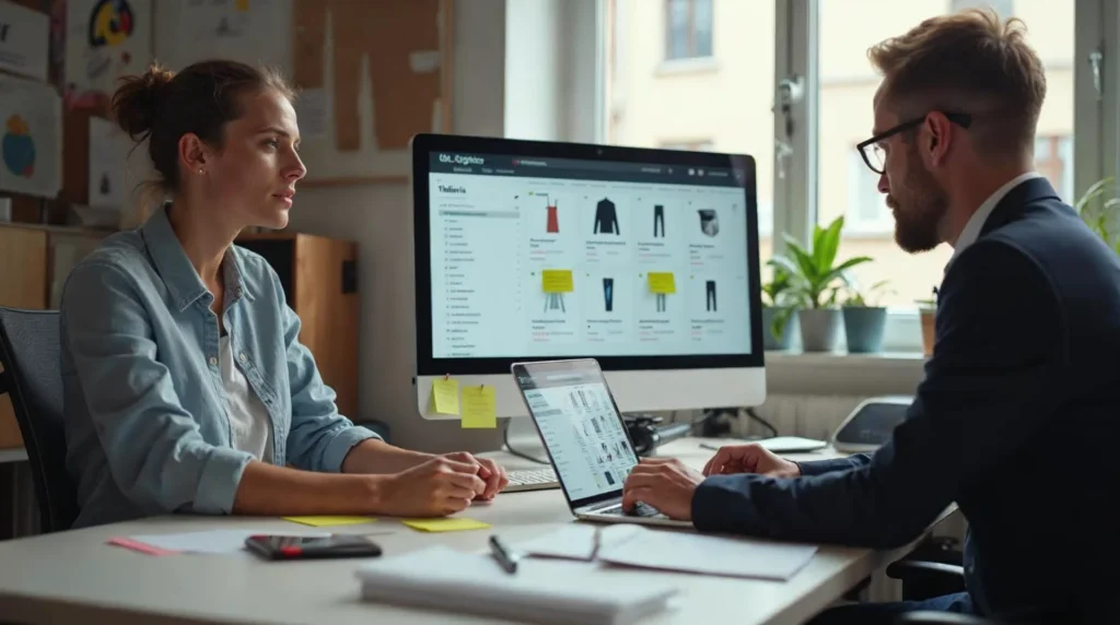 UX designer i menedżer omawiają filtry sklepu przy laptopie