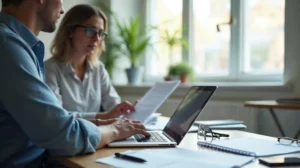 Osoba analizuje dokumenty na laptopie przy biurku w jasnym biurze, obok leży notatnik i telefon